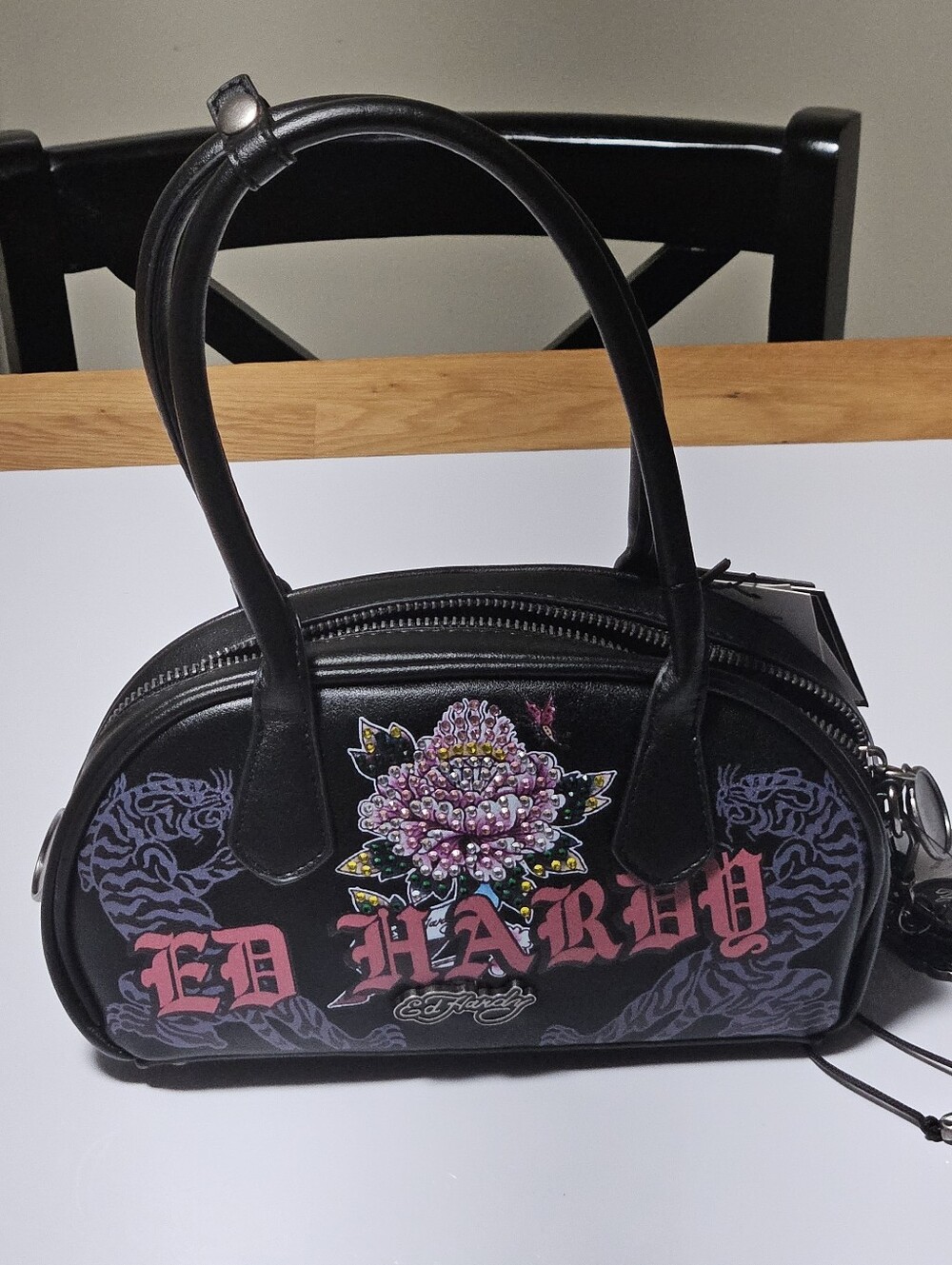 Ed Hardy Mini Bowler Bag Black Skull Rose Rhinestone Y2K Tattoo Tote Purse NWT